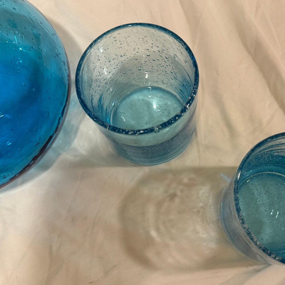Artland Iris 90oz Handblown Glass Pitcher Turquoise w/ 4 Double Old Fashioned - Picture 9 of 12